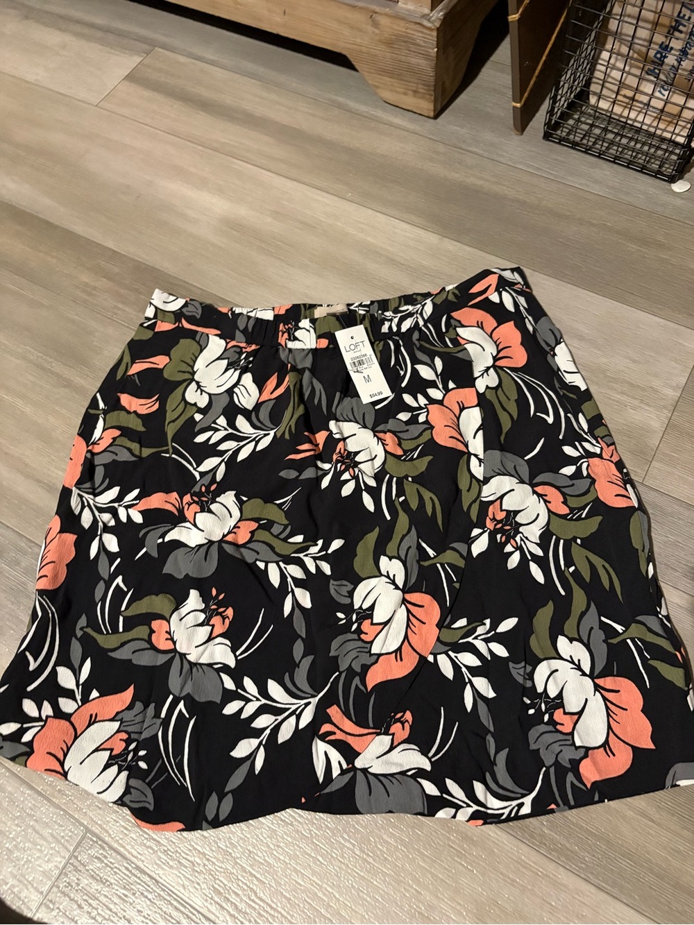 LOFT Black Floral Mini Skirt with Coral & Olive Accents